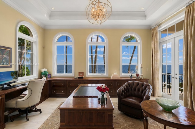 33 Arvida Pkwy, Coral Gables, FL 33156 - office area with french doors, a chandelier, crown molding, a tray ceiling, and a water view