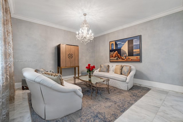 living room featuring crown molding and an inviting chandelier