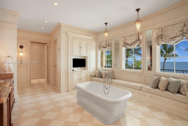 33 Arvida Pkwy, Coral Gables, FL 33156 - living room featuring light floors, crown molding, and recessed lighting