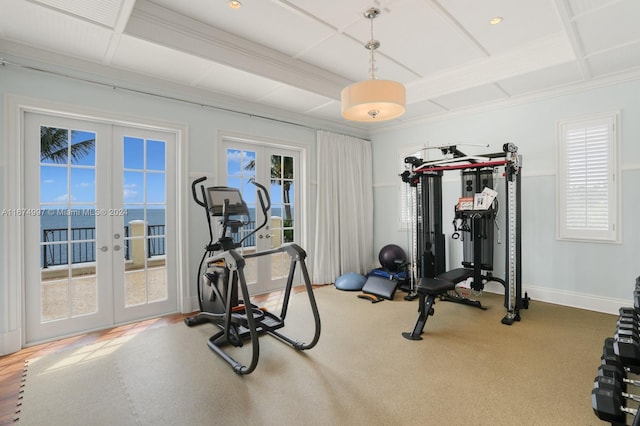 33 Arvida Pkwy, Coral Gables, FL 33156 - exercise area with french doors, coffered ceiling, baseboards, and crown molding