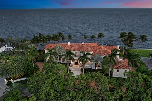 aerial view at dusk with a water view