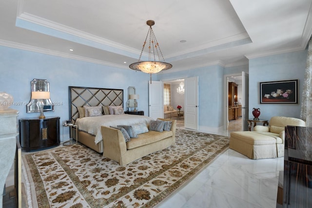 33 Arvida Pkwy, Coral Gables, FL 33156 - bedroom featuring a tray ceiling, marble finish floors, ornamental molding, ensuite bathroom, and baseboards