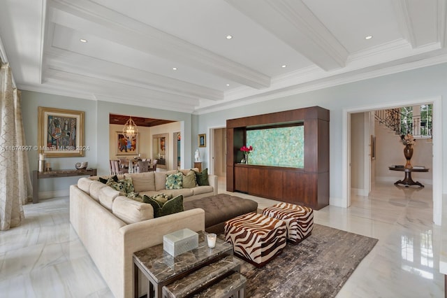 living room featuring beamed ceiling, ornamental molding, and a chandelier