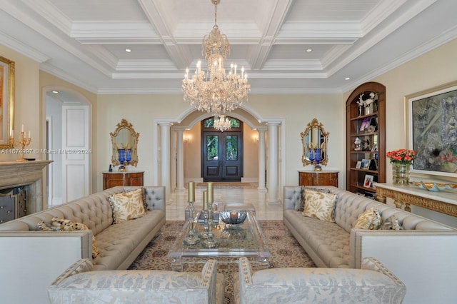 living room featuring coffered ceiling, beam ceiling, ornamental molding, decorative columns, and a notable chandelier