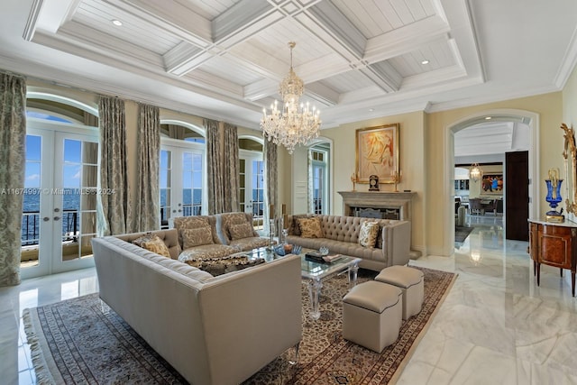 living room featuring beam ceiling, a chandelier, ornamental molding, french doors, and coffered ceiling