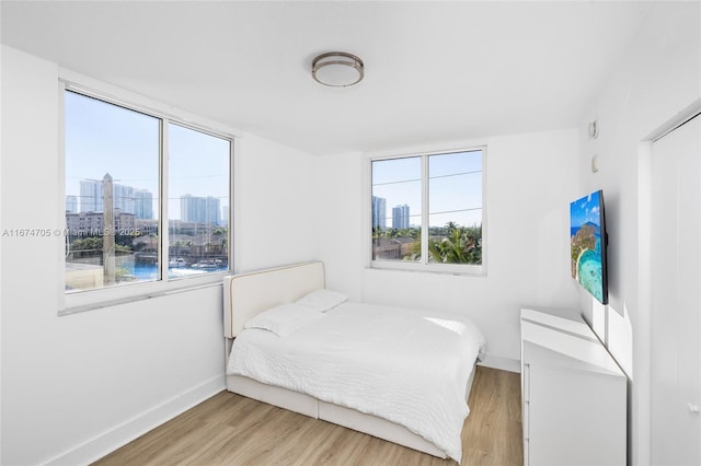 bedroom with light wood-type flooring, a water view, and multiple windows