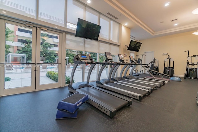 exercise room featuring french doors, a raised ceiling, and plenty of natural light