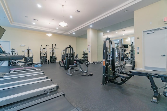 exercise room featuring a raised ceiling