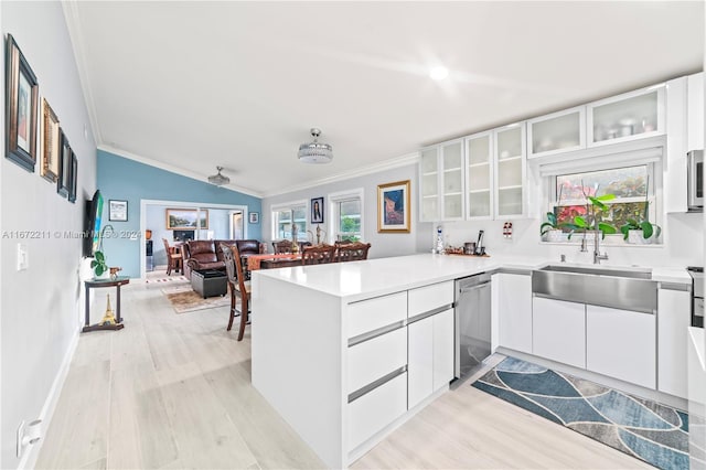 8094 Songbird Ter Unit 8094, Boca Raton, FL 33496 - kitchen featuring stainless steel appliances, ornamental molding, light wood-style flooring, a peninsula, and a sink
