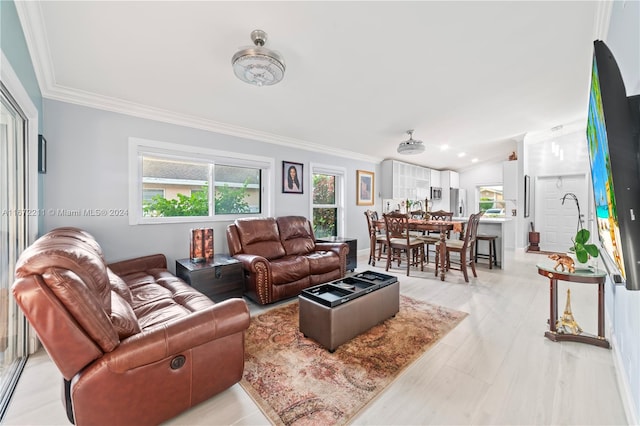 tiled living room featuring crown molding