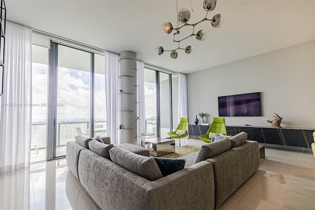 tiled living room with a wall of windows