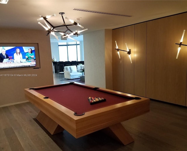 rec room with hardwood / wood-style flooring and billiards