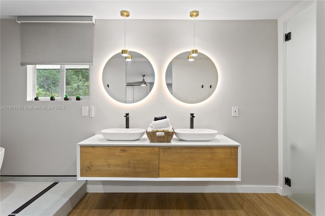 bathroom with vanity and wood-type flooring