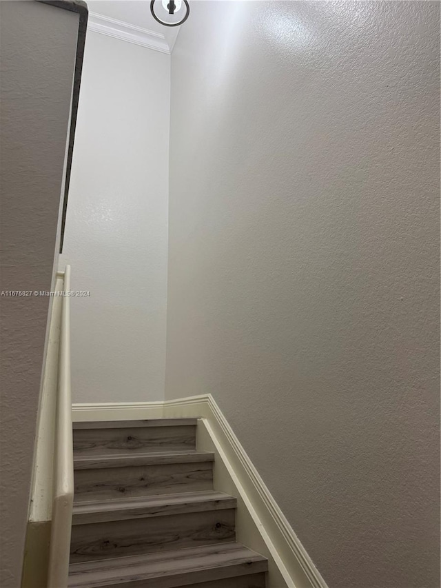 staircase featuring crown molding