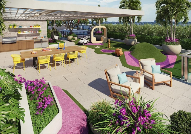 9481 E Bay Harbor Dr Unit 407, Bay Harbor Islands, FL 33154 - view of patio / terrace featuring exterior kitchen, outdoor dining space, and a pergola