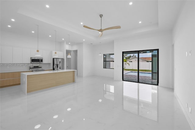 kitchen featuring white cabinets, a raised ceiling, appliances with stainless steel finishes, a spacious island, and sink