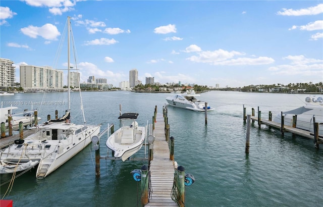 view of dock with a water view