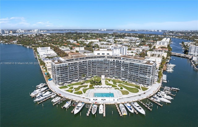 aerial view featuring a water view