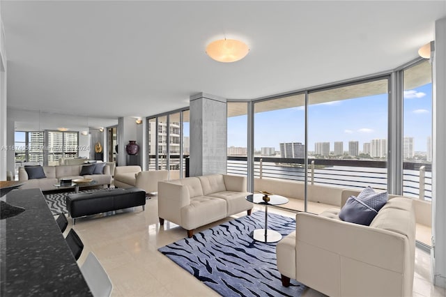 living room with floor to ceiling windows