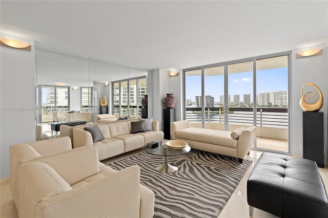 living room with floor to ceiling windows