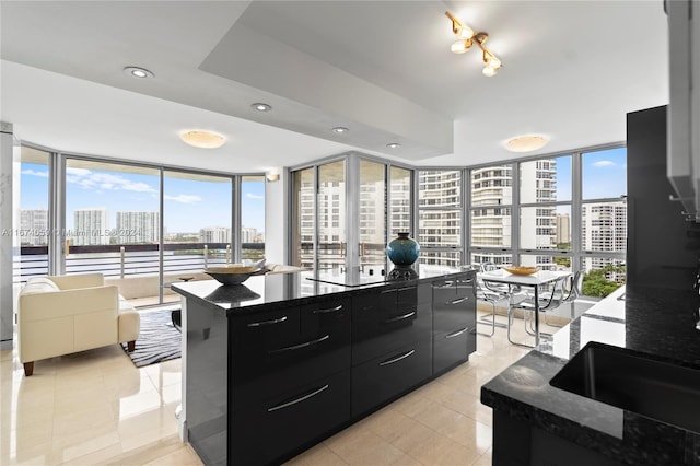 kitchen with a wealth of natural light, a kitchen island, and floor to ceiling windows