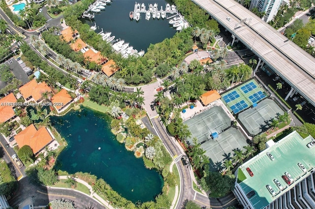 drone / aerial view featuring a water view