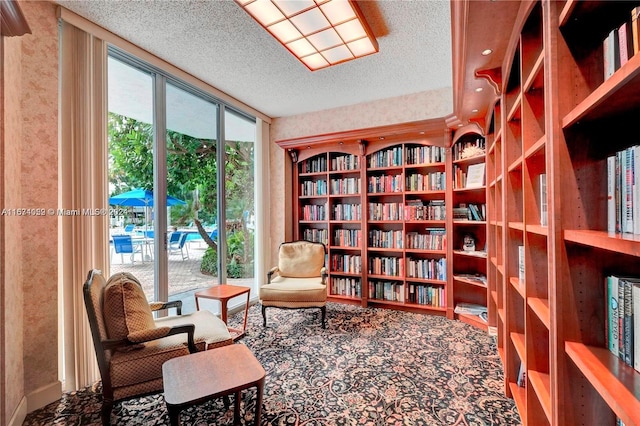 living area with a textured ceiling