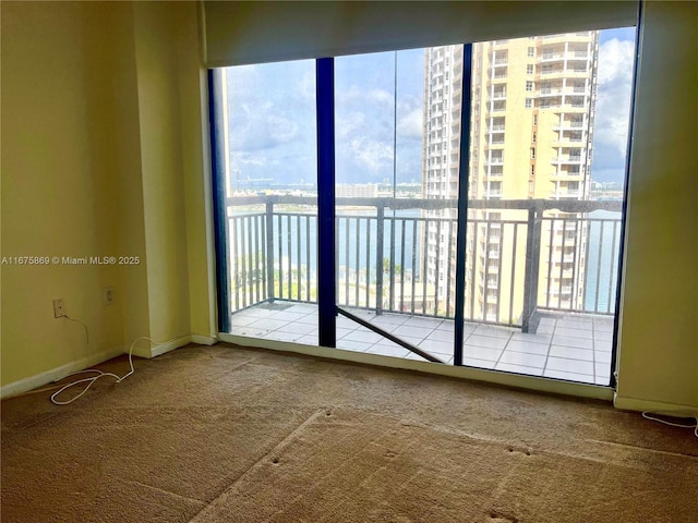 spare room featuring a water view and carpet