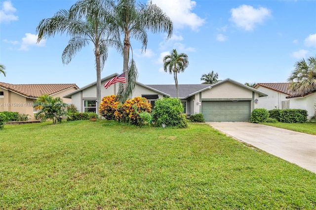 single story home with a front lawn and a garage