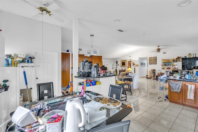 living room with vaulted ceiling and ceiling fan