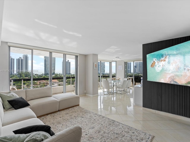 tiled living room with floor to ceiling windows and plenty of natural light