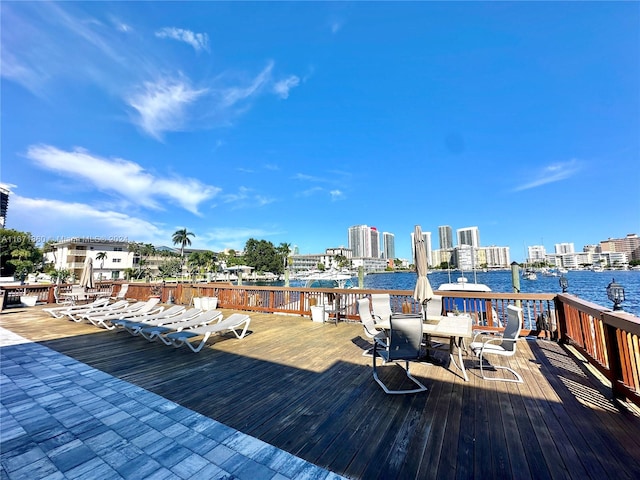 wooden terrace featuring a water view