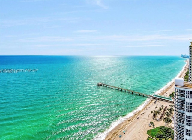 drone / aerial view featuring a view of the beach and a water view