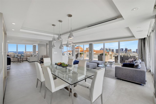 dining space featuring a raised ceiling and plenty of natural light