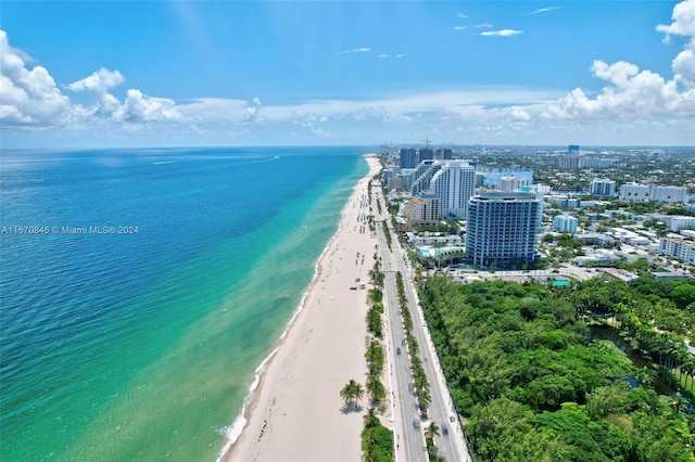 bird's eye view with a water view and a beach view