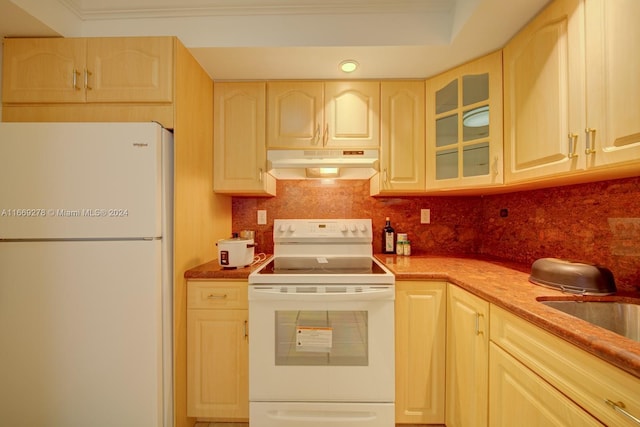 kitchen with white appliances, crown molding, light brown cabinets, sink, and backsplash