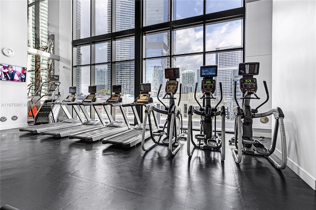 exercise room featuring a wealth of natural light, floor to ceiling windows, and a towering ceiling