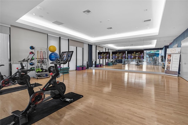 exercise room featuring a tray ceiling and light hardwood / wood-style flooring