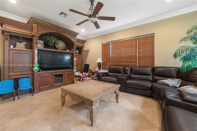 living room with crown molding and ceiling fan