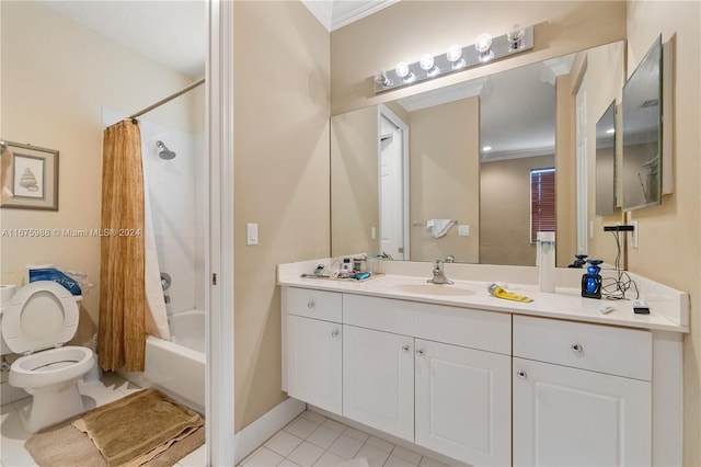 full bathroom with toilet, tile patterned flooring, ornamental molding, vanity, and shower / bathtub combination with curtain