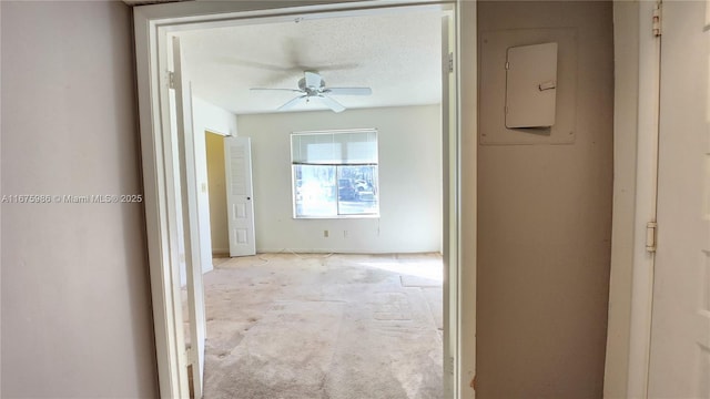 hallway featuring a textured ceiling and electric panel