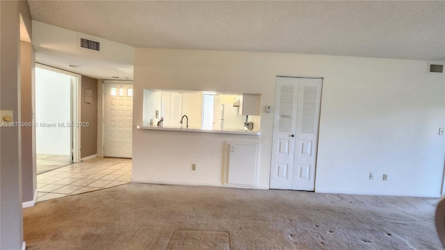 spare room featuring light colored carpet and sink