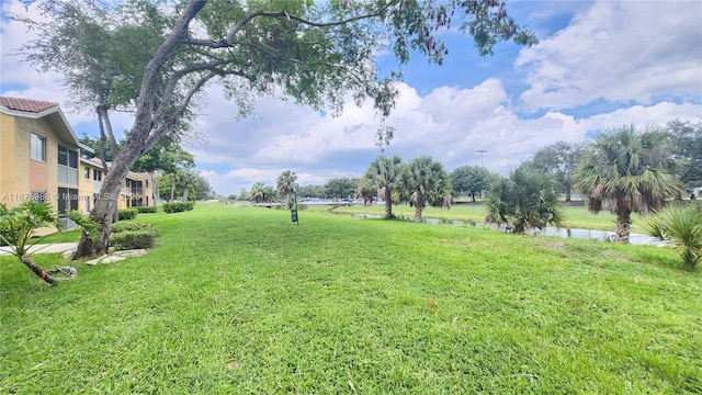 view of yard with a water view