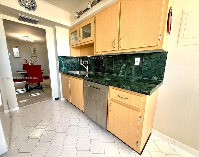 kitchen with stainless steel dishwasher, sink, and tasteful backsplash