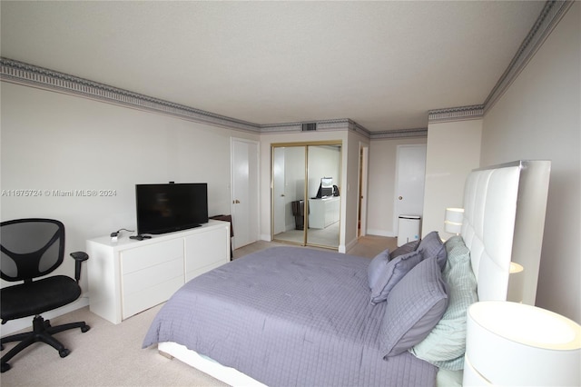 carpeted bedroom featuring ornamental molding