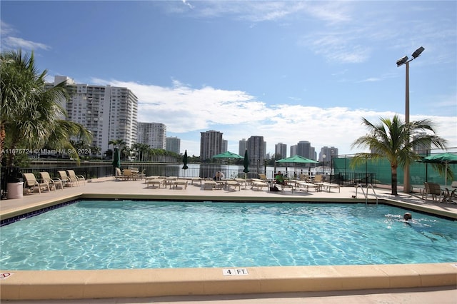 view of swimming pool featuring a patio