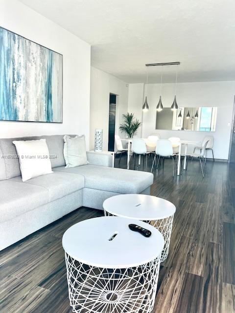 living room featuring dark wood-type flooring