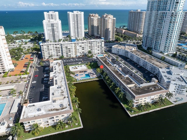 drone / aerial view featuring a water view