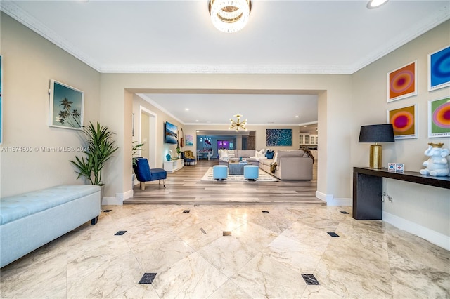 living room featuring wood-type flooring and crown molding