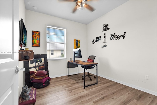 office space with ceiling fan and light hardwood / wood-style flooring